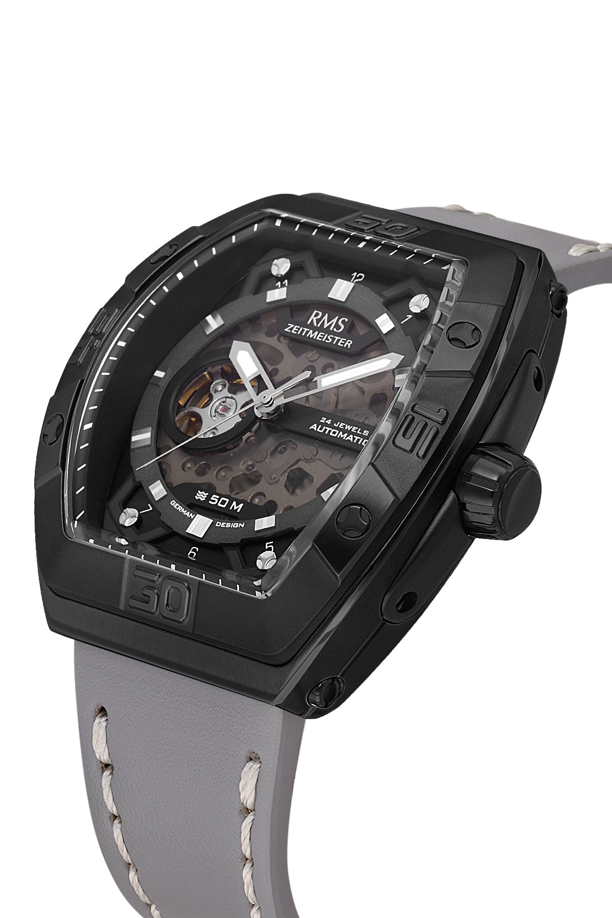 RMS Zeitmeister Black Dial Black Plated Men's Watch - Grey Genuine Leather Strap - RMS.1.AG2235.232