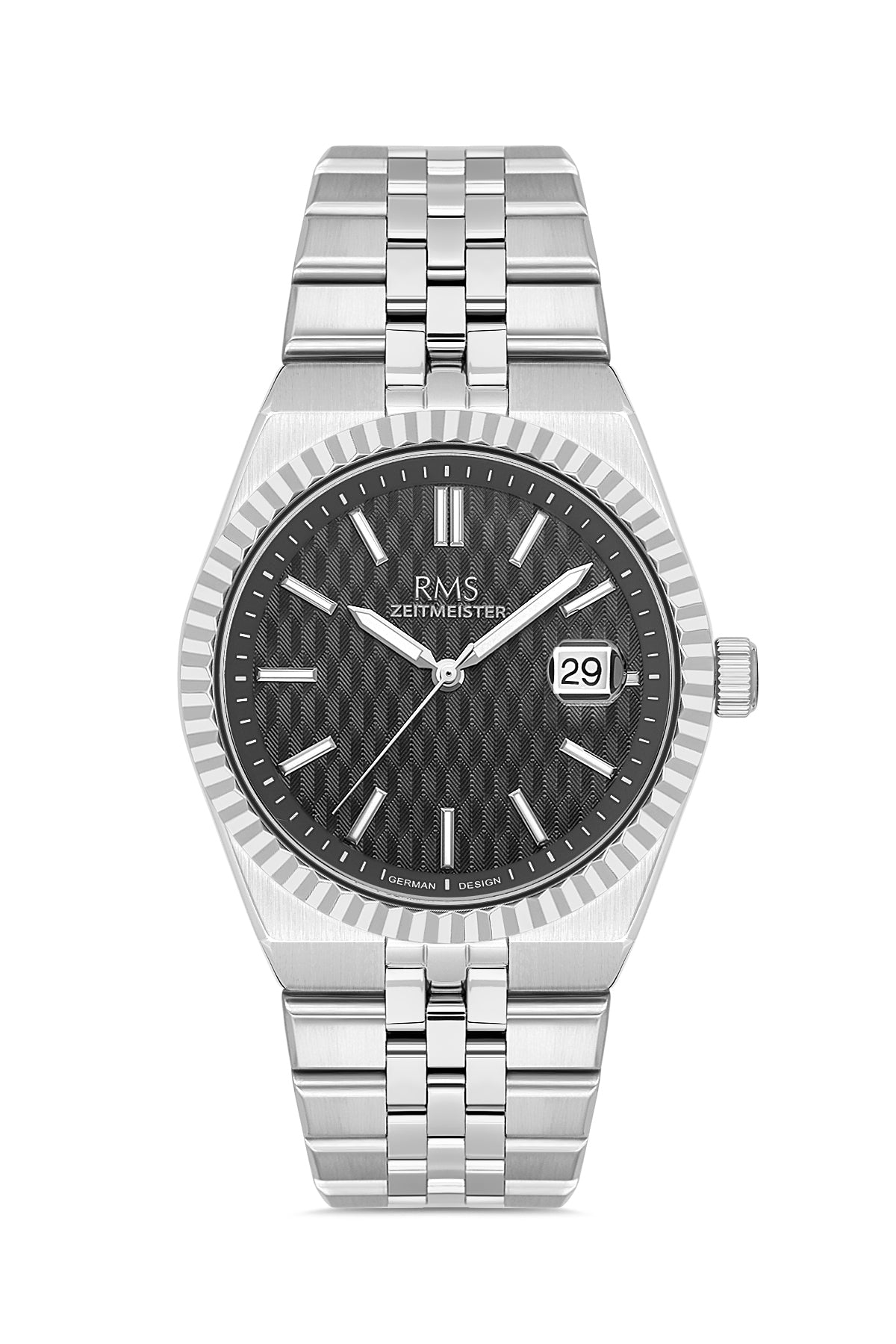 RMS Zeitmeister Black Dial Silver Plated Men's Watch - Stainless Steel Bracelet - RMS.1.AG2173.12
