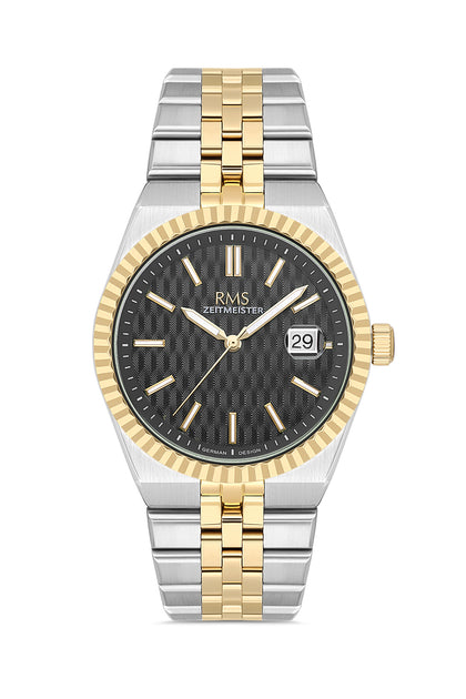 RMS Zeitmeister Black Dial Gold & Silver Plated Men's Watch - Stainless Steel Bracelet - RMS.1.AG2173.42