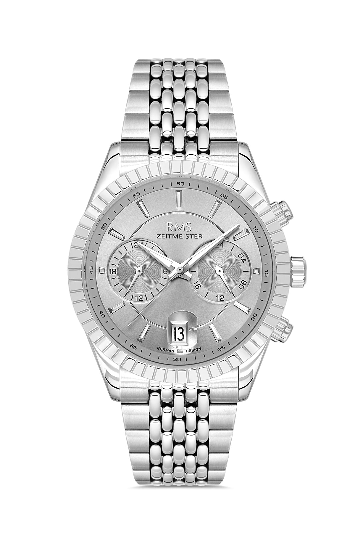 RMS Zeitmeister Grey Dial Silver Plated Men's Watch - Stainless Steel Bracelet - RMS.1.AG2184.115
