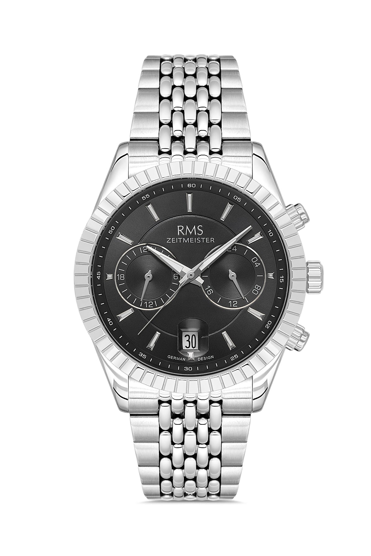 RMS Zeitmeister Black Dial Silver Plated Men's Watch - Stainless Steel Bracelet - RMS.1.AG2184.12