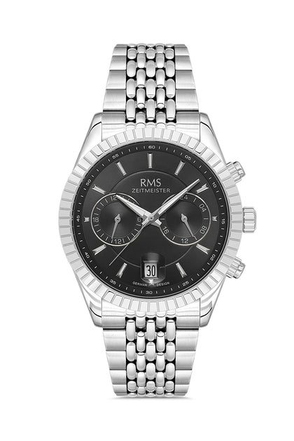 RMS Zeitmeister Black Dial Silver Plated Men's Watch - Stainless Steel Bracelet - RMS.1.AG2184.12