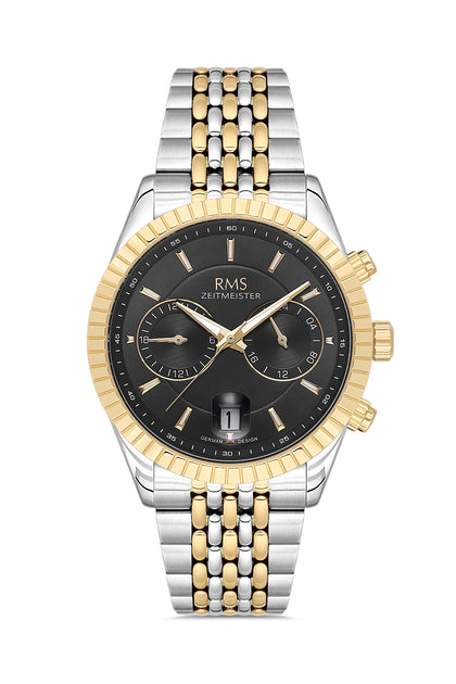 RMS Zeitmeister Black Dial Gold & Silver Plated Men's Watch - Stainless Steel Bracelet - RMS.1.AG2184.42