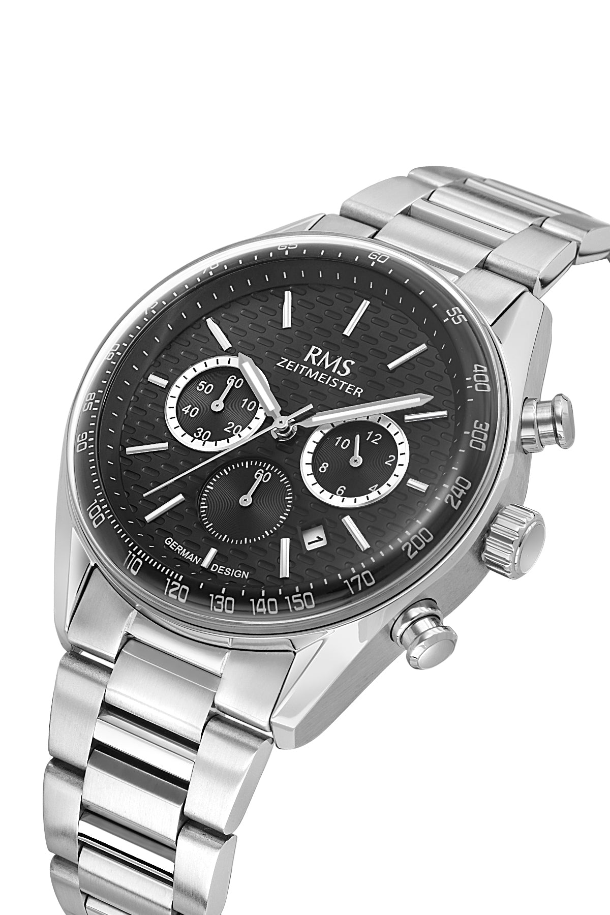 RMS Zeitmeister RMS.1.AG2144.12 men's watch with black dial, silver case and stainless steel bracelet – angled view