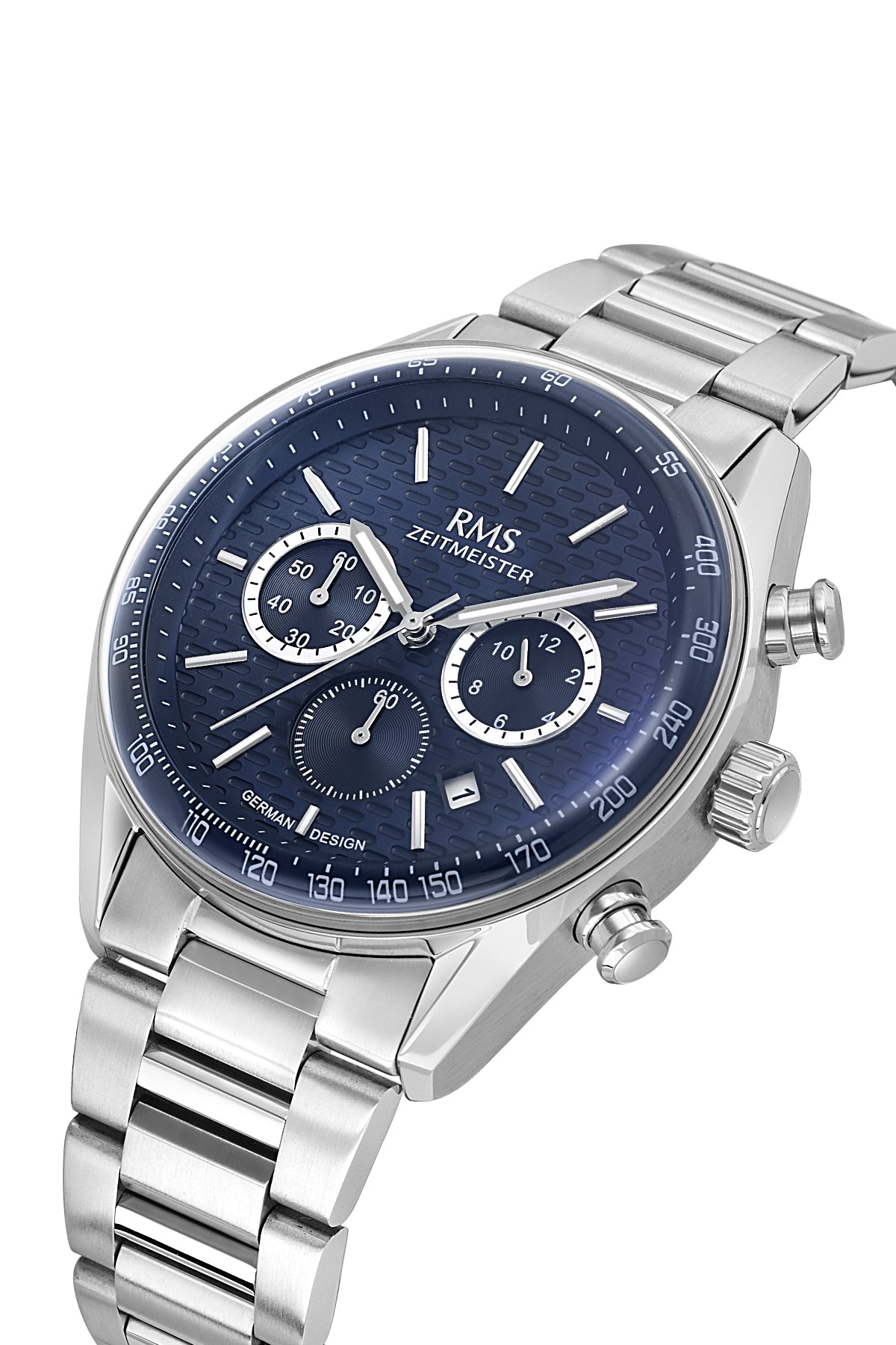 RMS Zeitmeister RMS.1.AG2144.13 men's watch with blue dial, silver case and stainless steel bracelet – angled view