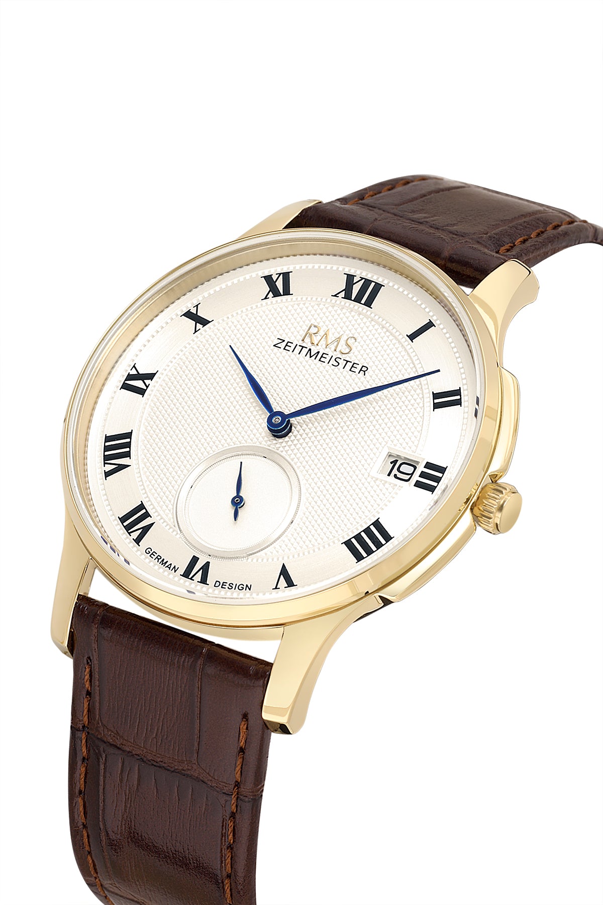 RMS Zeitmeister RMS.1.AG2215.160 men's watch with silver dial, gold case and genuine leather strap – angled view