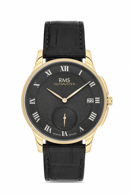 RMS Zeitmeister Black Dial Gold Plated Men's Watch - Black Genuine Leather Strap - RMS.1.AG2215.172