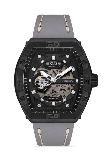 RMS ZEITMEISTER Herrenuhr – schwarzes Zifferblatt, Gehäuse in Schwarz, Echtlederarmband – RMS.1.AG2235.232