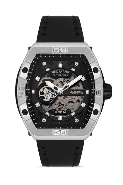 RMS Zeitmeister Black Dial Silver Plated Men's Watch - Black Genuine Leather Strap - RMS.1.AG2235.92