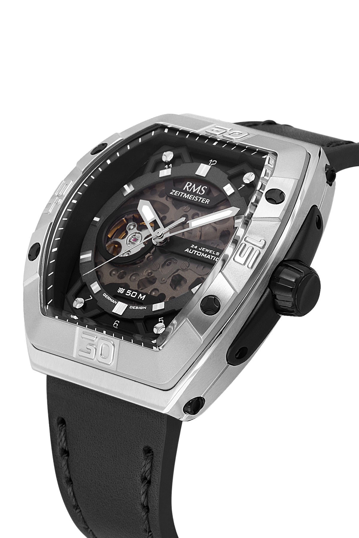 RMS Zeitmeister Black Dial Silver Plated Men's Watch - Black Genuine Leather Strap - RMS.1.AG2235.92
