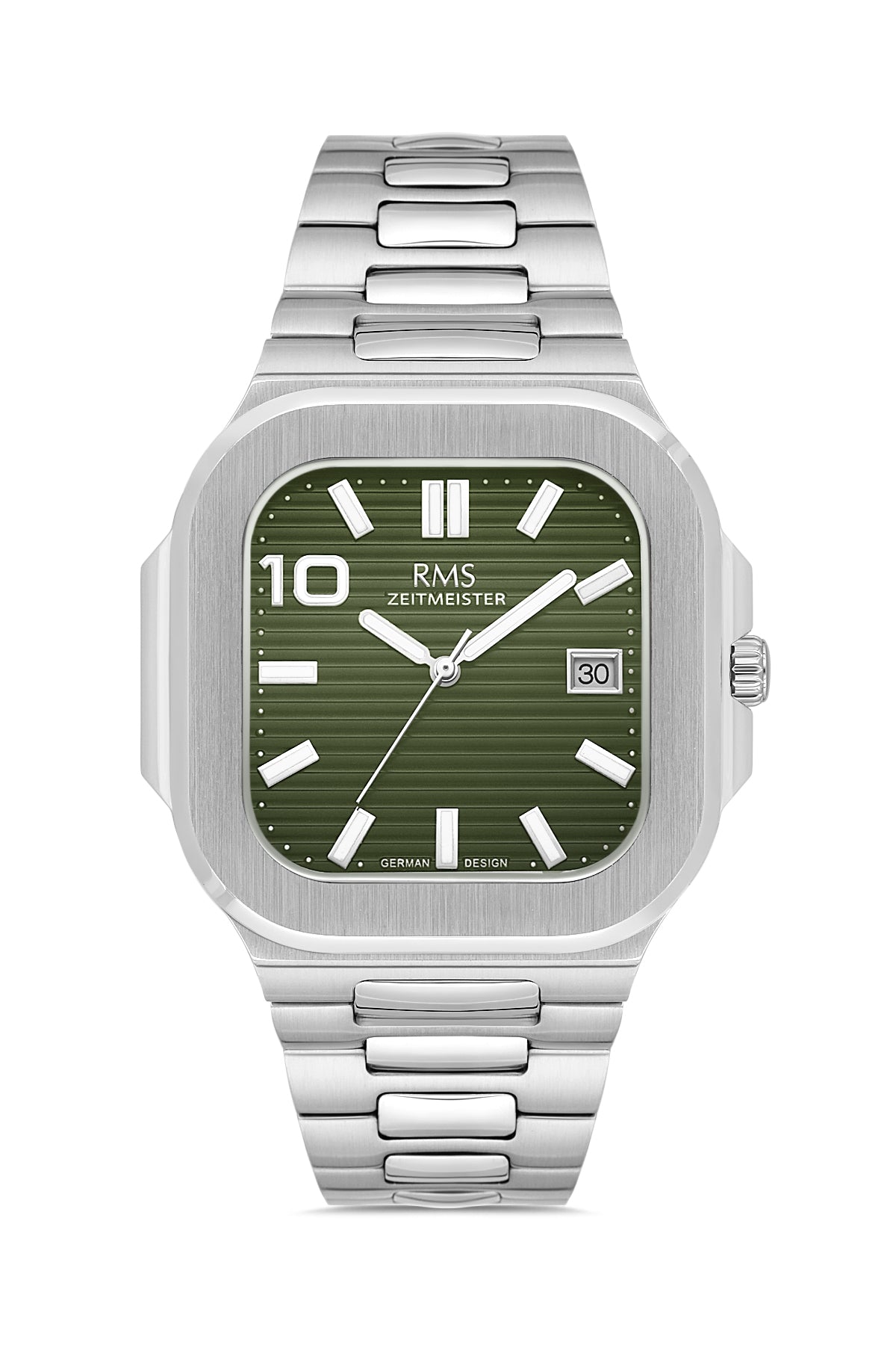 RMS Zeitmeister RMS.1.AG2099.110 men's watch with green dial, silver case and stainless steel bracelet