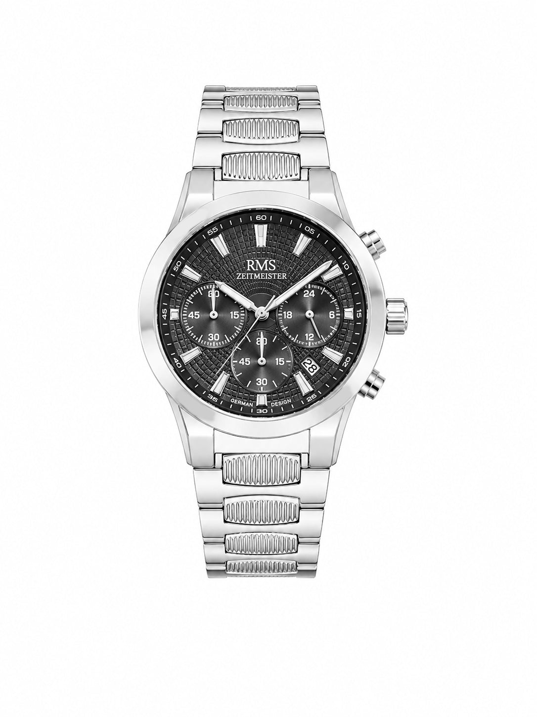 RMS Zeitmeister RMS.1.AG2150.12 men's watch with black dial, silver case and stainless steel bracelet