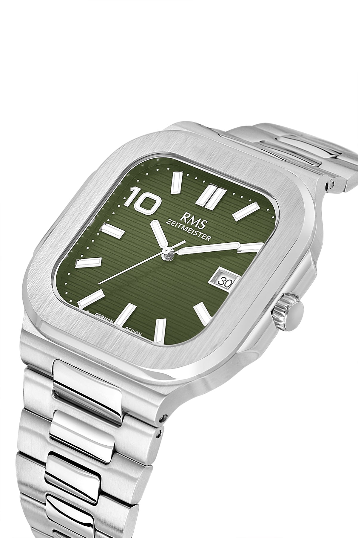 RMS Zeitmeister RMS.1.AG2099.110 men's watch with green dial, silver case and stainless steel bracelet – angled view