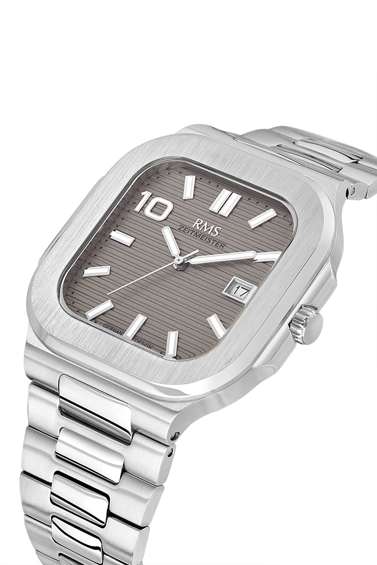 RMS Zeitmeister RMS.1.AG2099.115 men's watch with gray dial, silver case and stainless steel bracelet – angled view