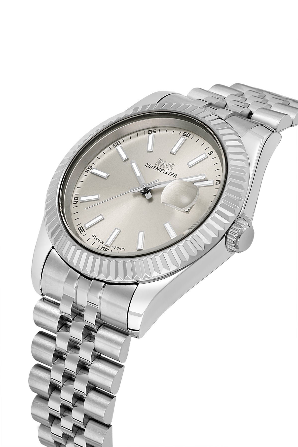 RMS Zeitmeister RMS.1.AG2147.115 men's watch with gray dial, silver case and stainless steel bracelet – angled view