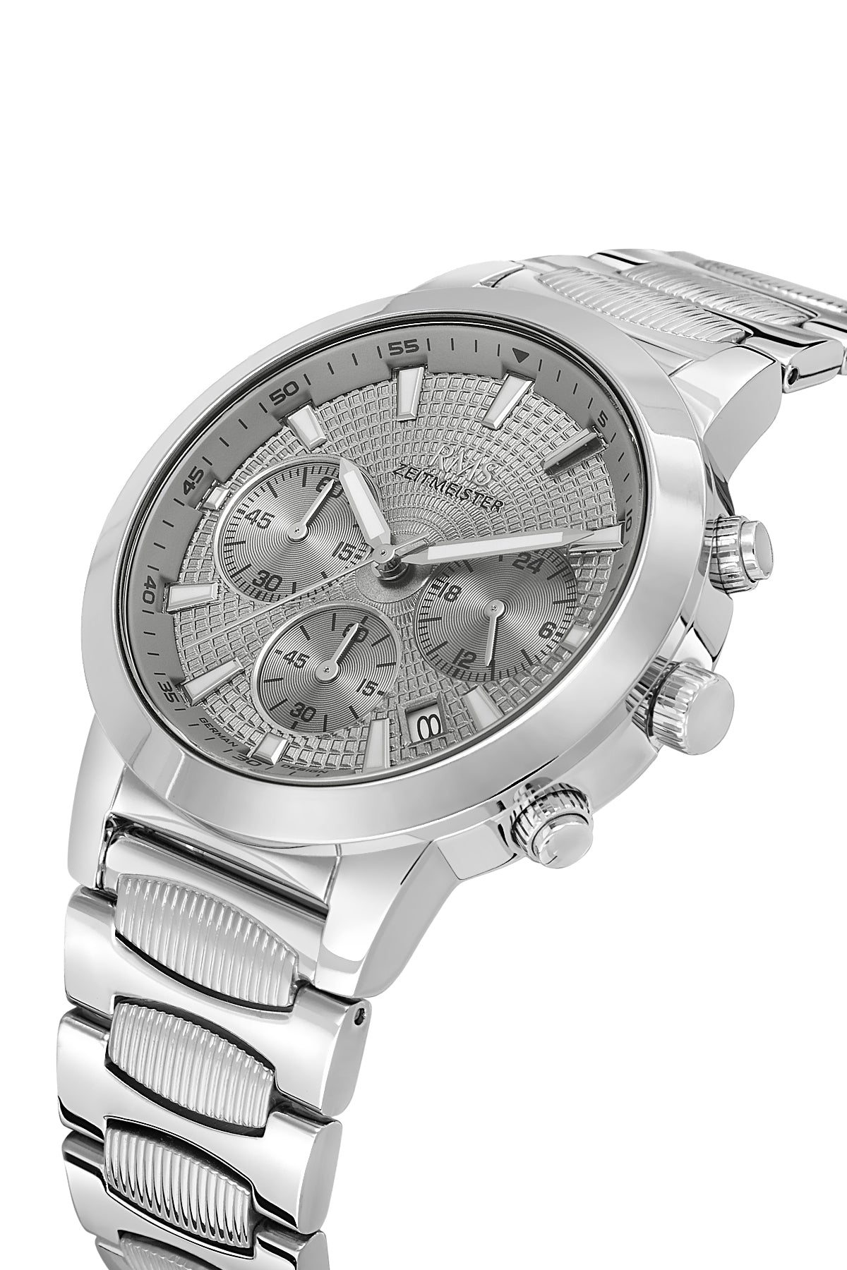RMS Zeitmeister RMS.1.AG2150.115 men's watch with gray dial, silver case and stainless steel bracelet – angled view