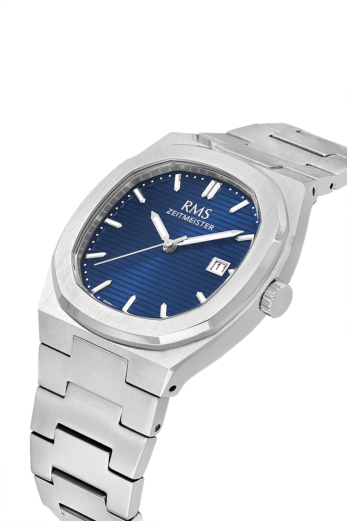 RMS Zeitmeister RMS.1.AG2172.13 men's watch with blue dial, silver case and stainless steel bracelet – angled view