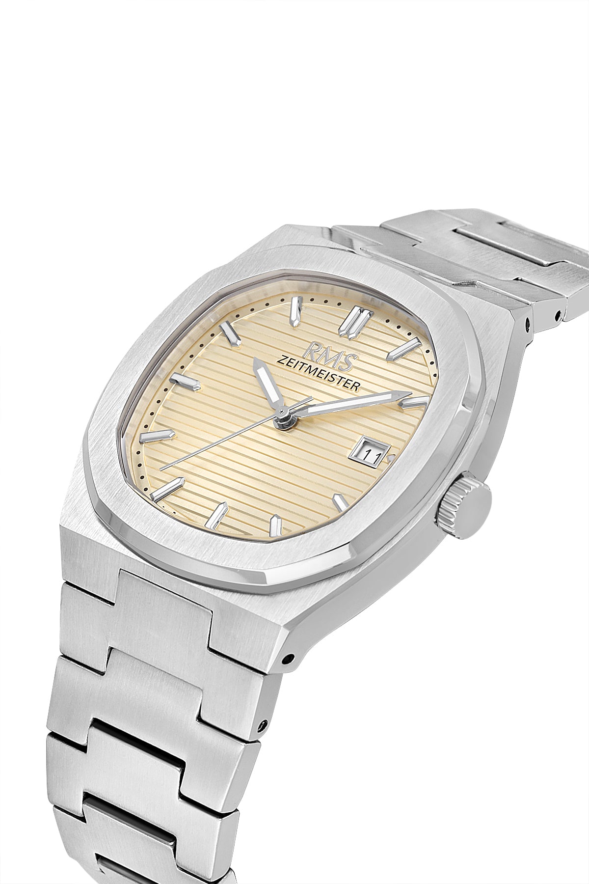 RMS Zeitmeister RMS.1.AG2172.17 men's watch with salmon dial, silver case and stainless steel bracelet – angled view