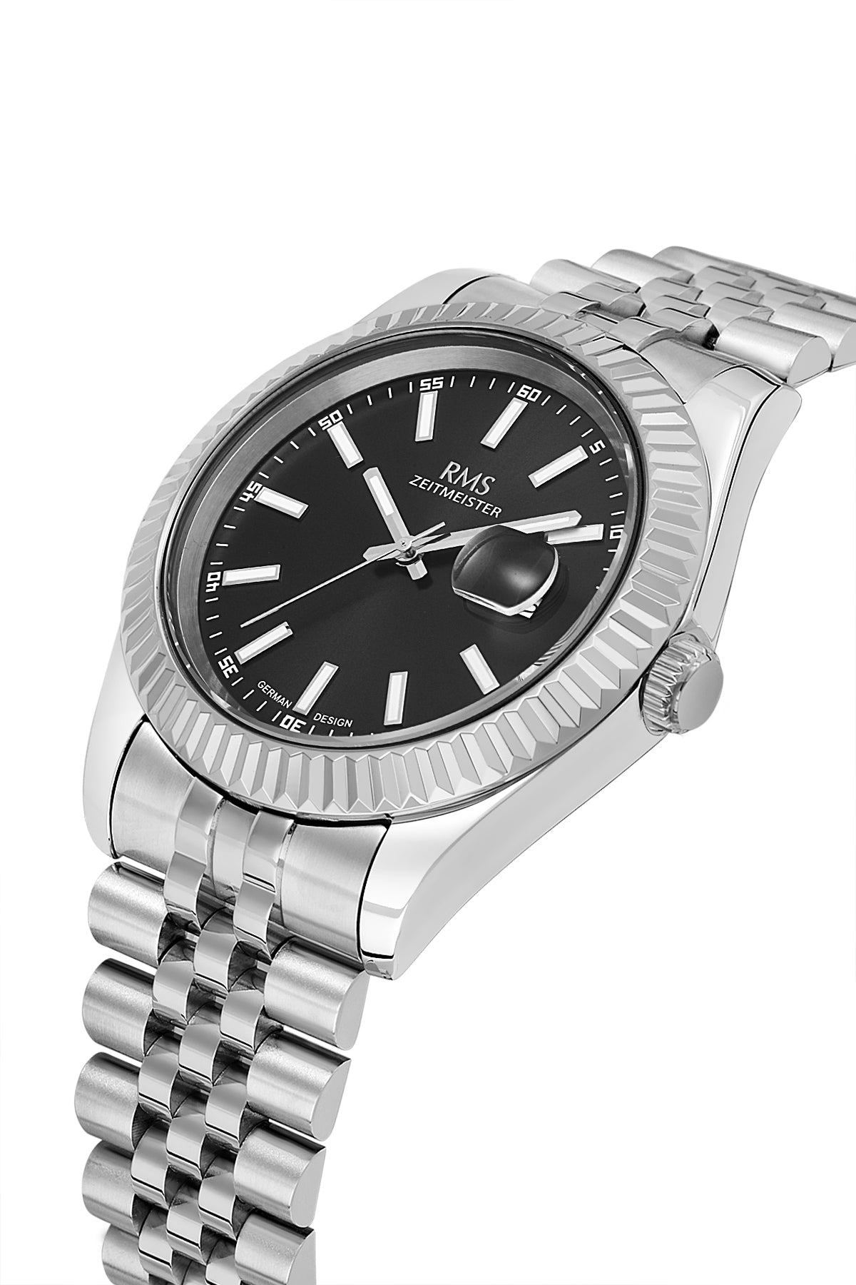 RMS Zeitmeister RMS.1.AG2147.12 men's watch with black dial, silver case and stainless steel bracelet – angled view