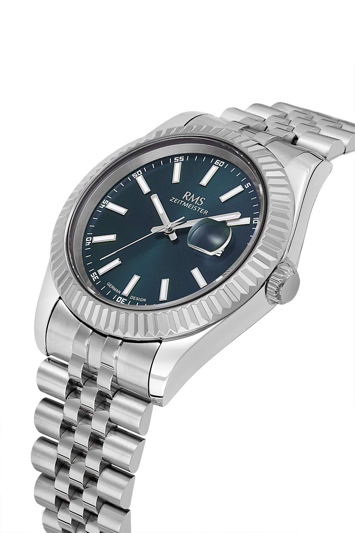 RMS Zeitmeister RMS.1.AG2147.13 men's watch with blue dial, silver case and stainless steel bracelet – angled view