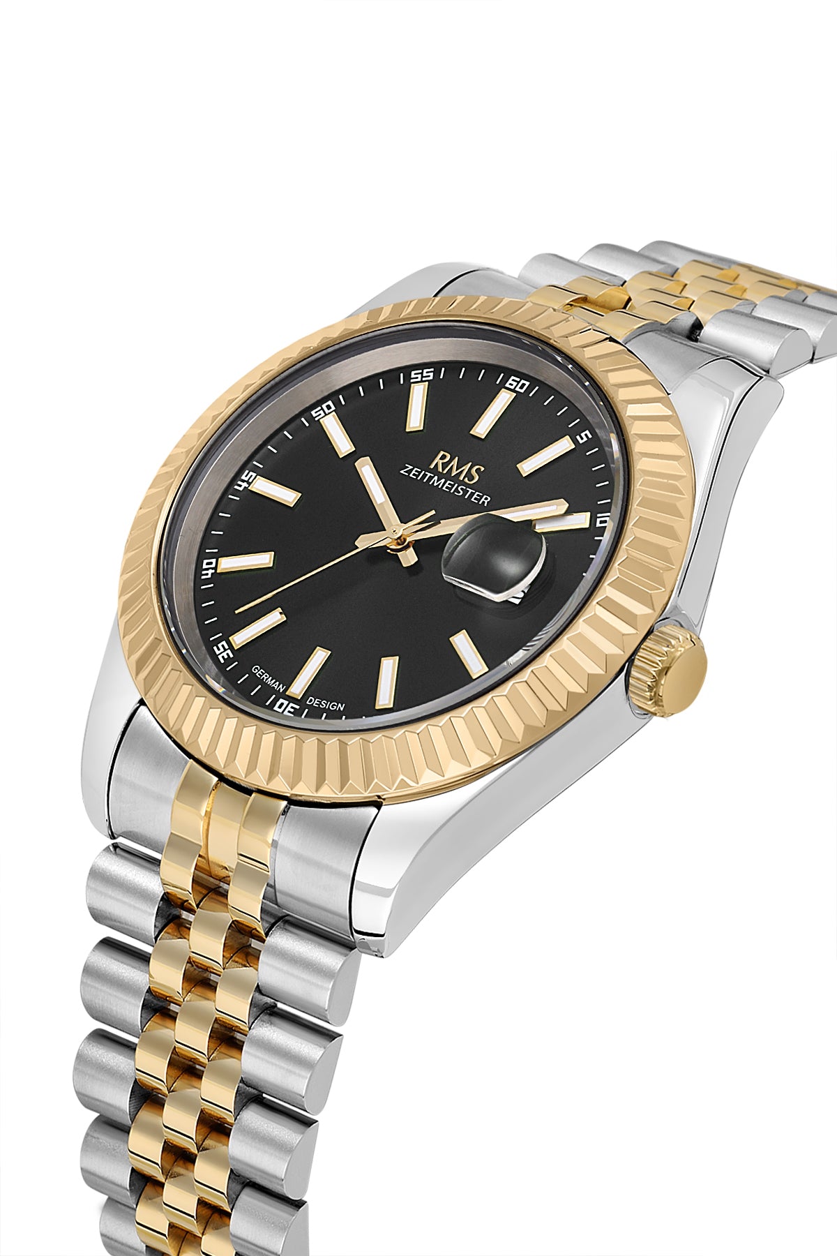RMS Zeitmeister RMS.1.AG2147.42 men's watch with black dial, two-tone case and stainless steel bracelet – angled view