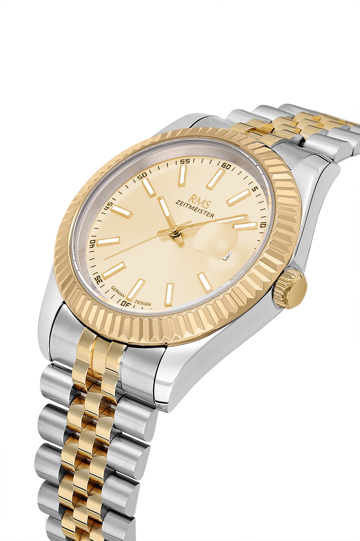 RMS Zeitmeister RMS.1.AG2147.45 men's watch with gold dial, two-tone case and stainless steel bracelet – angled view