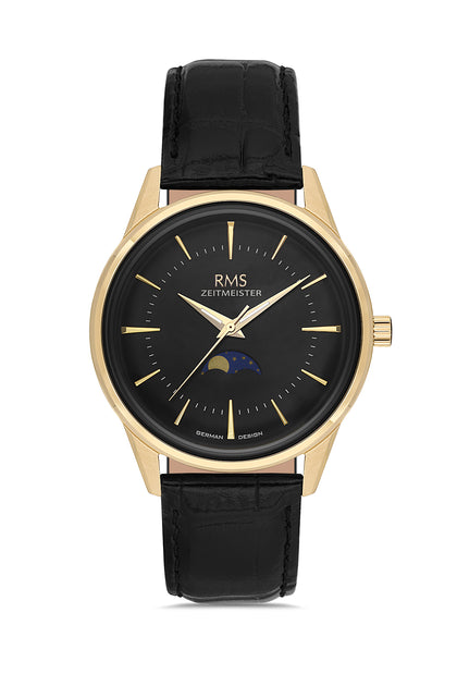RMS Zeitmeister Black Dial Gold Plated Men's Watch - Black Genuine Leather Strap - RMS.1.AG2194.172