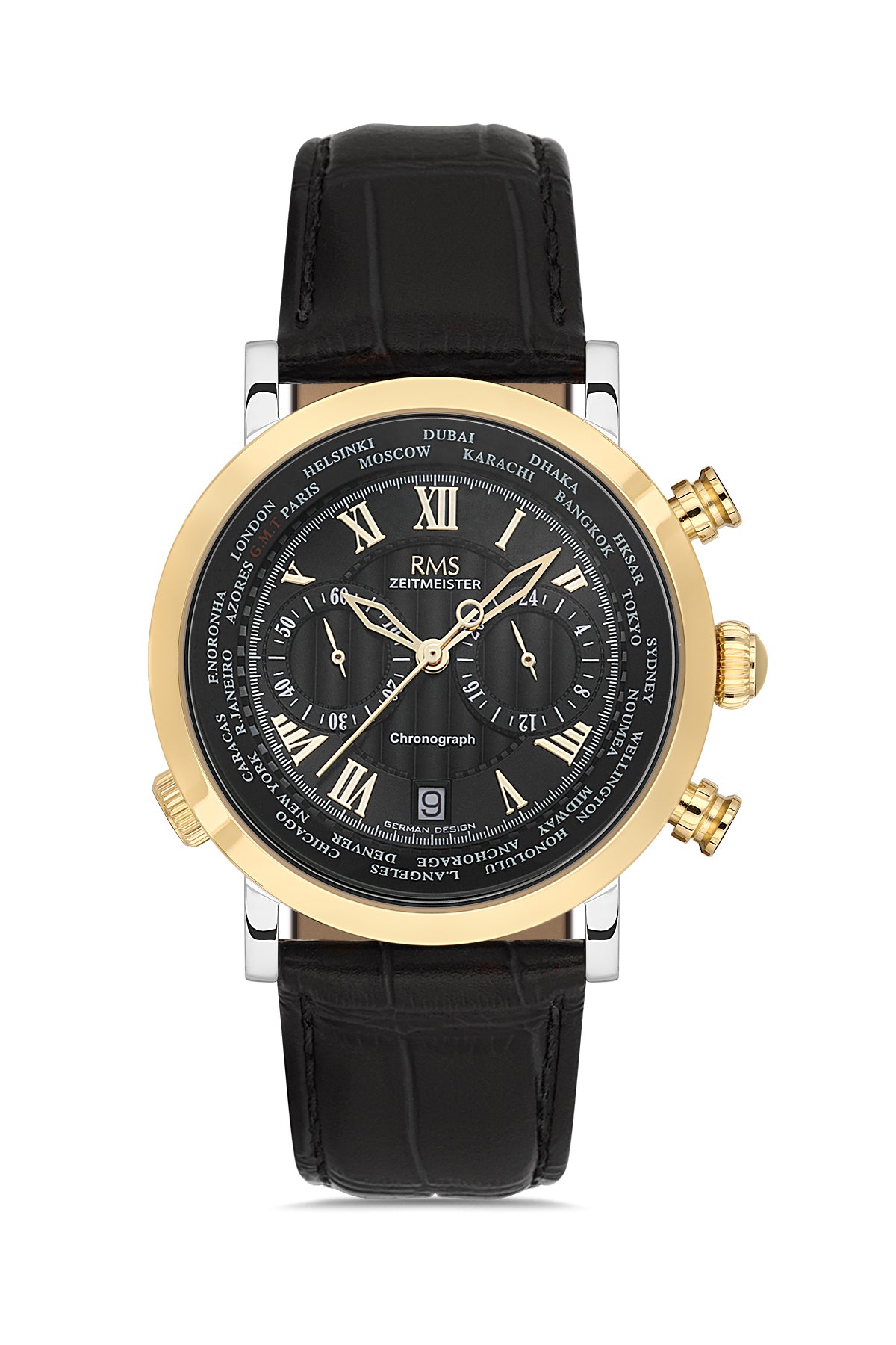 RMS Men's Black Dial Gold Chronograph Leather Watch - RMS.1.AG2178.42