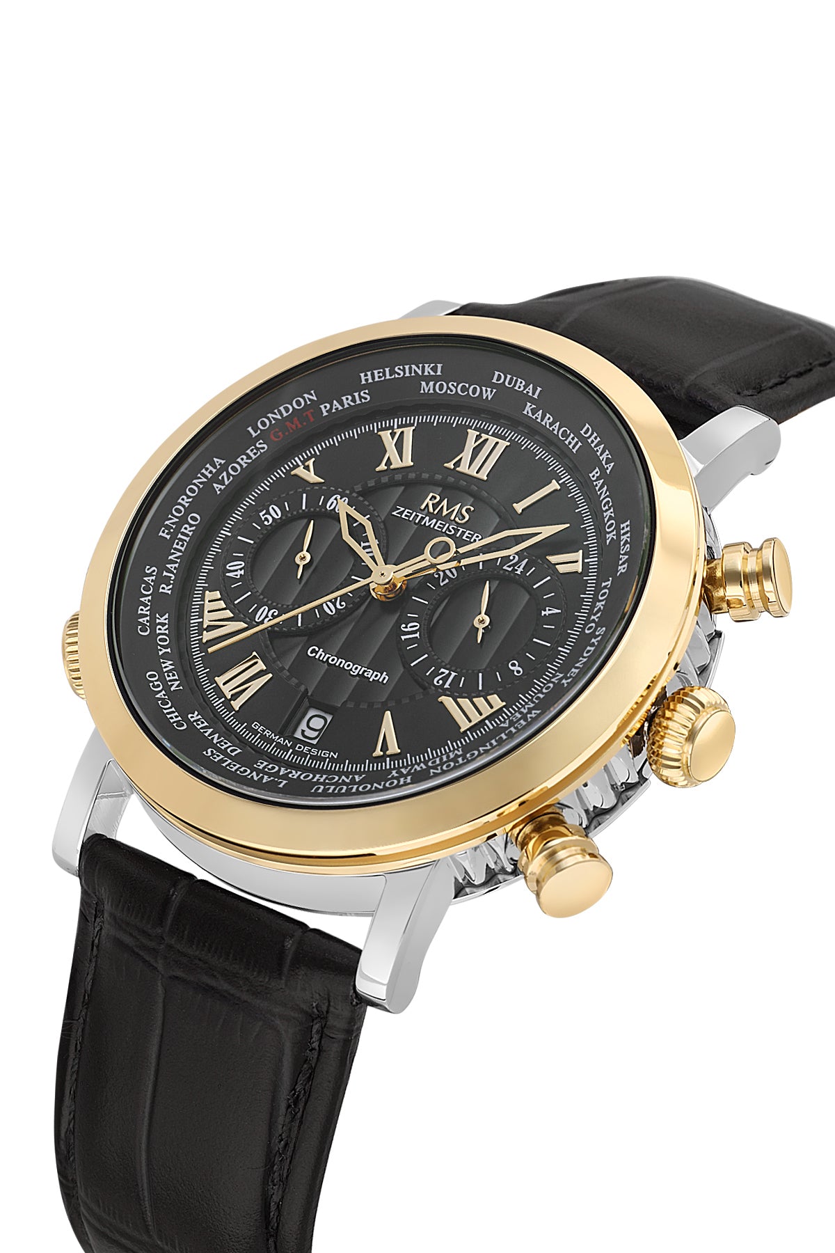 RMS Men's Black Dial Gold Chronograph Leather Watch - RMS.1.AG2178.42