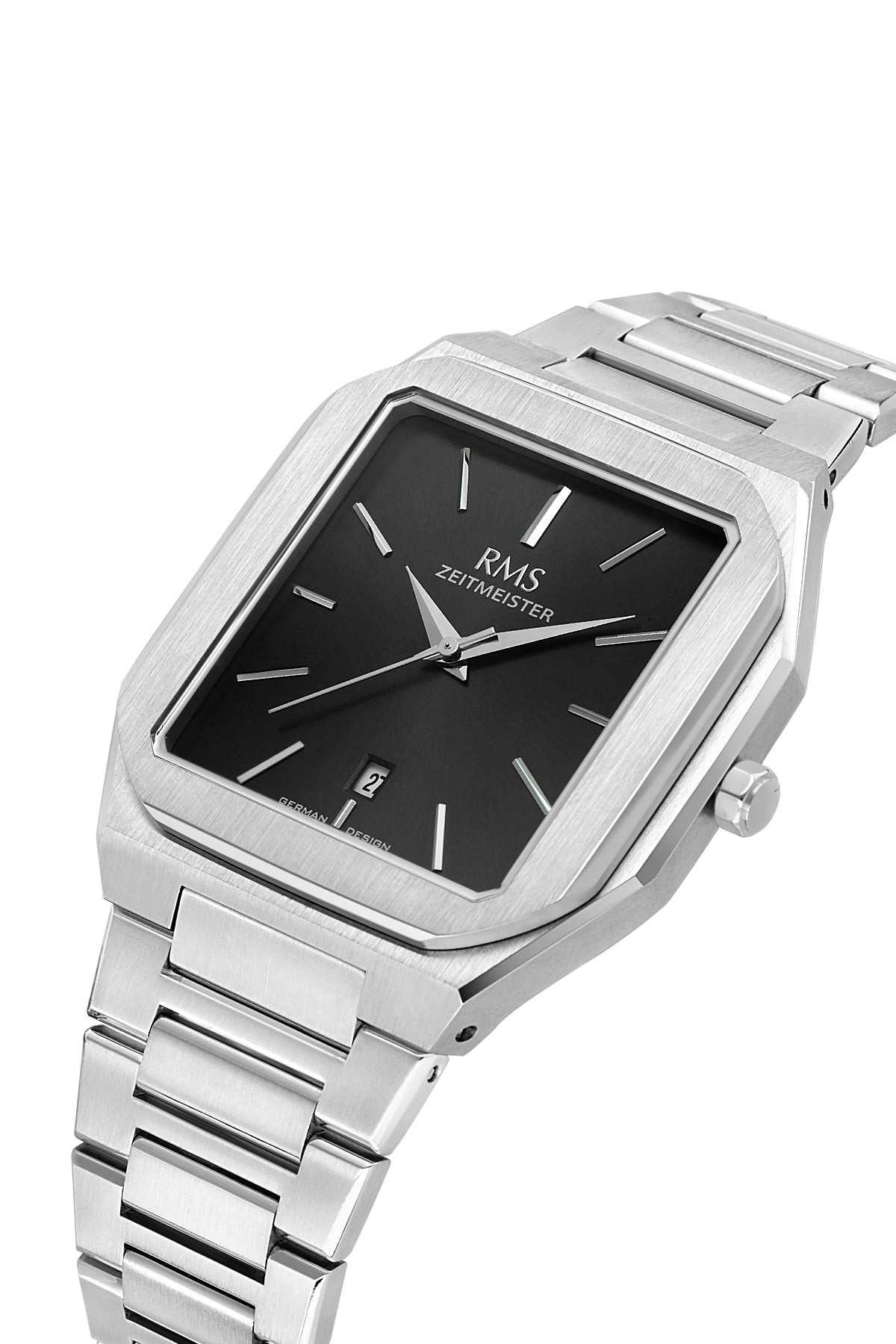RMS Zeitmeister Black Dial Silver Plated Men's Watch - Stainless Steel Bracelet - RMS.1.AG2181.12