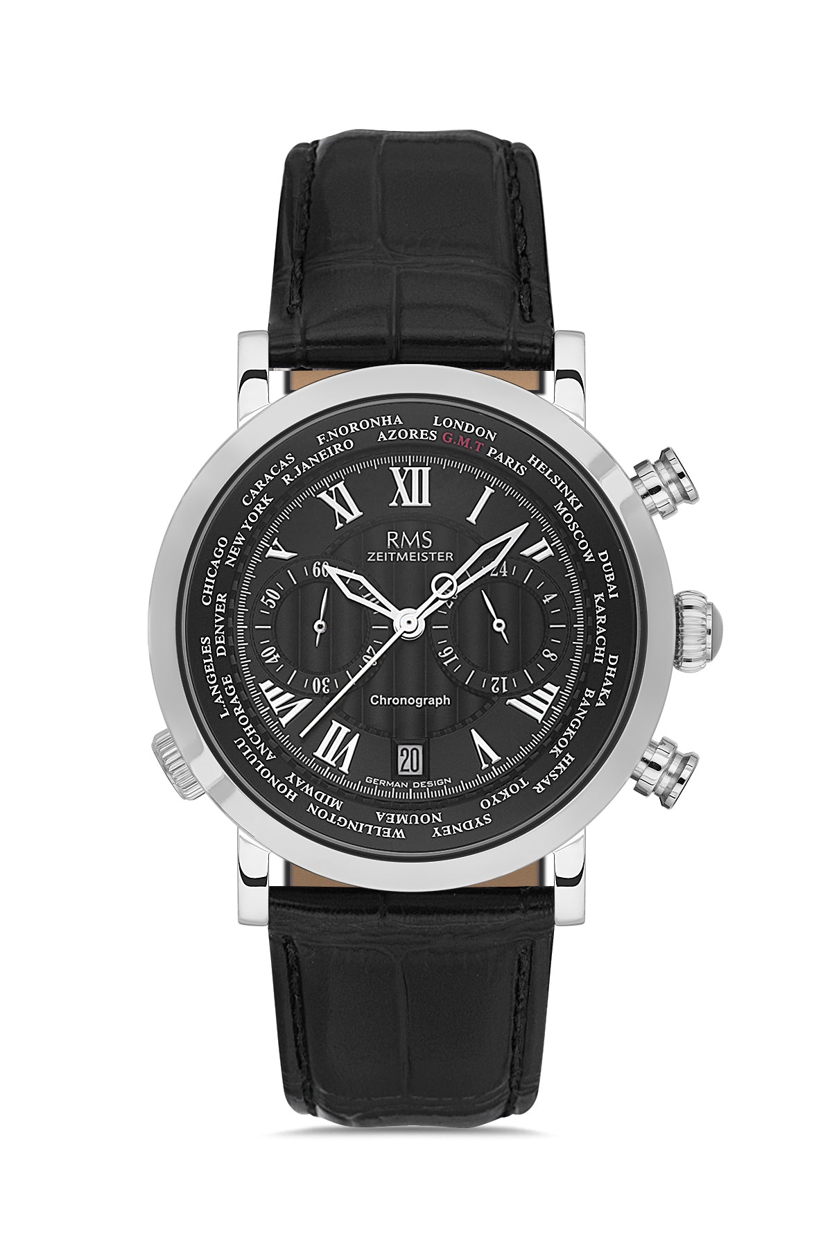 RMS Men's Black Dial Silver Chronograph Leather Watch - RMS.1.AG2178.92
