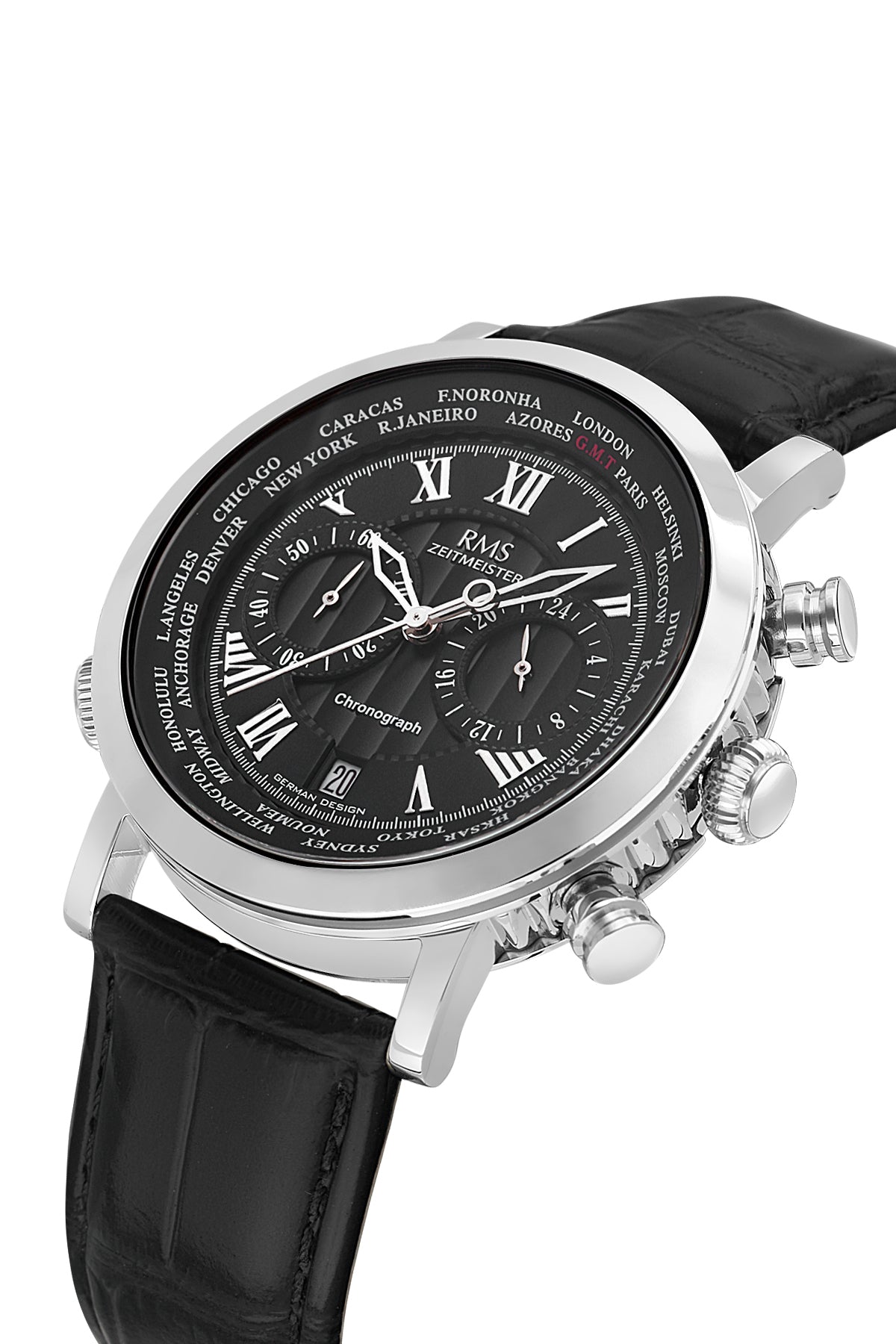 RMS Men's Black Dial Silver Chronograph Leather Watch - RMS.1.AG2178.92
