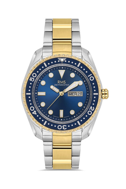 RMS Zeitmeister Blue Dial Gold & Silver Plated Men's Watch - Stainless Steel Bracelet - RMS.1.AG2133.43