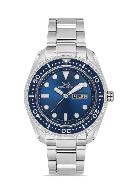 RMS Zeitmeister Blue Dial Silver Plated Men's Watch - Stainless Steel Bracelet - RMS.1.AG2133.13