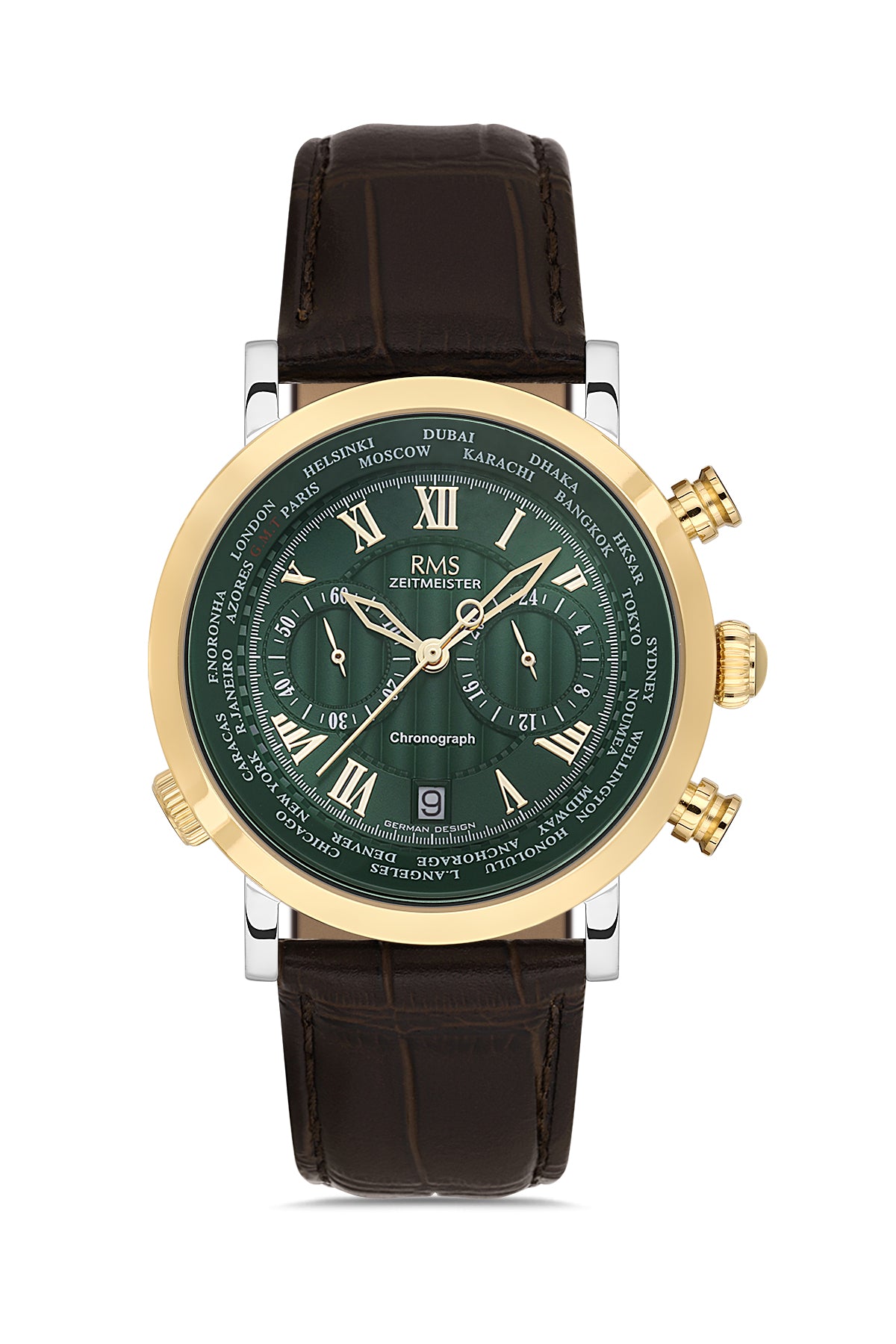 RMS Men's Green Dial Gold & Silver Chronograph Leather Watch - RMS.1.AG2178.49