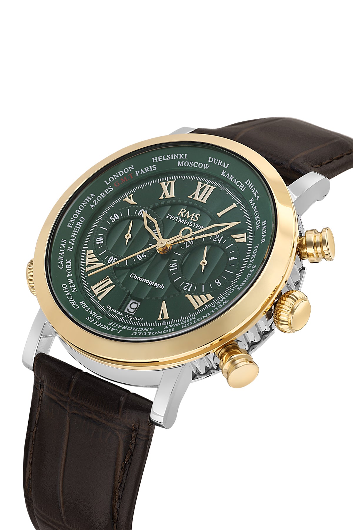RMS Men's Green Dial Gold & Silver Chronograph Leather Watch - RMS.1.AG2178.49