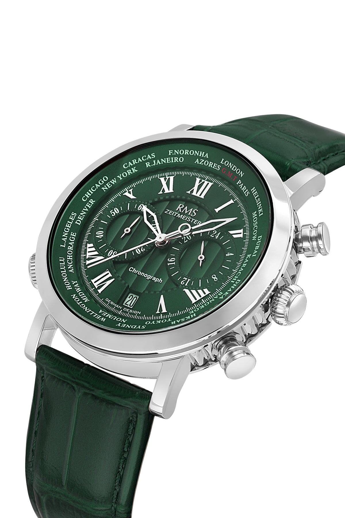 RMS Men's Green Dial Silver Chronograph Leather Watch - RMS.1.AG2178.1810