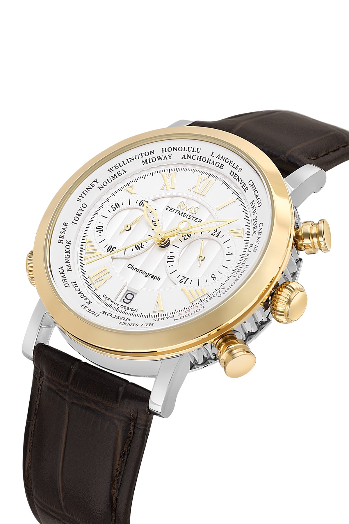 RMS Men's Silver Dial Gold & Silver Chronograph Leather Watch - RMS.1.AG2178.40 - 3