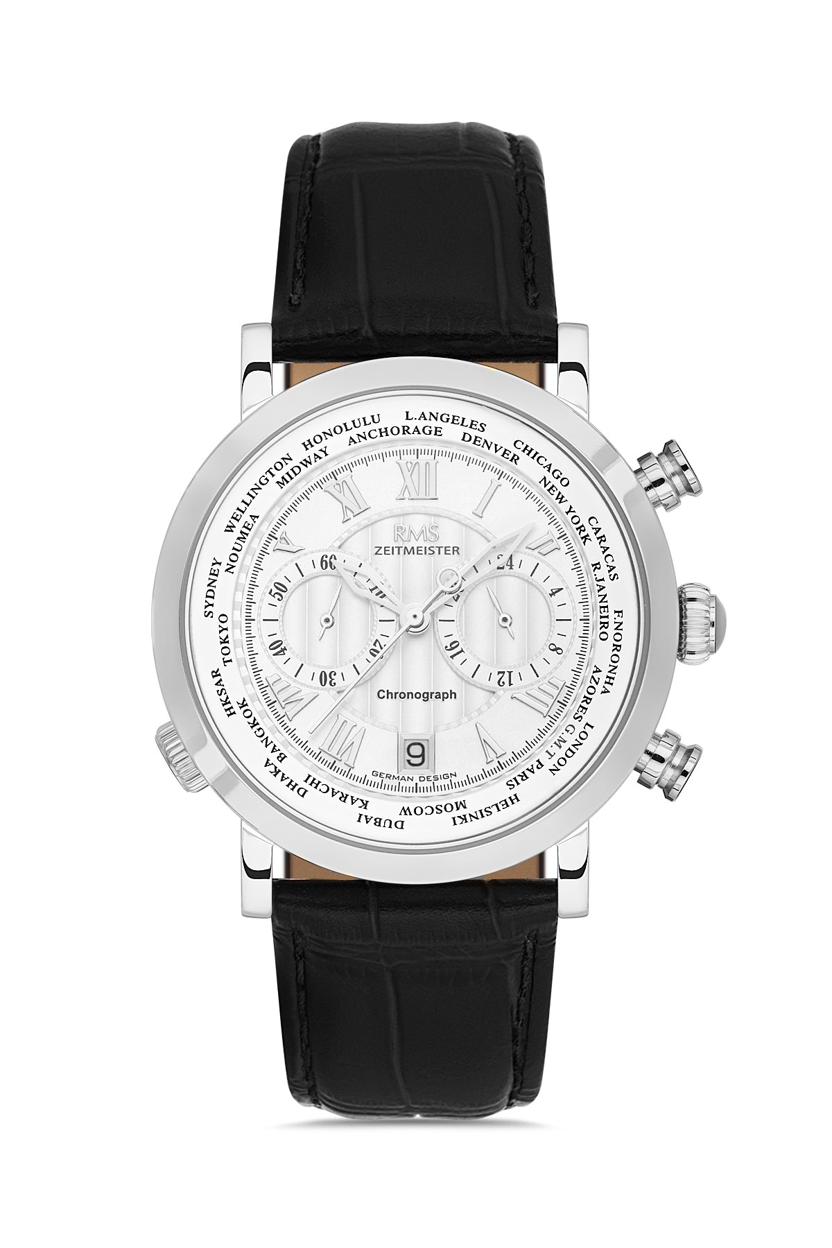 RMS Men's Silver Dial Silver Chronograph Leather Watch - RMS.1.AG2178.90