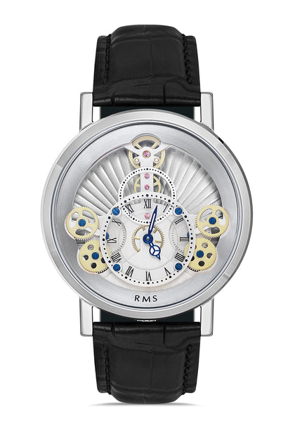 RMS Zeitmeister Silver Dial Silver Plated Men's Watch - Black Genuine Leather Strap - RMS.1.AG1355.09