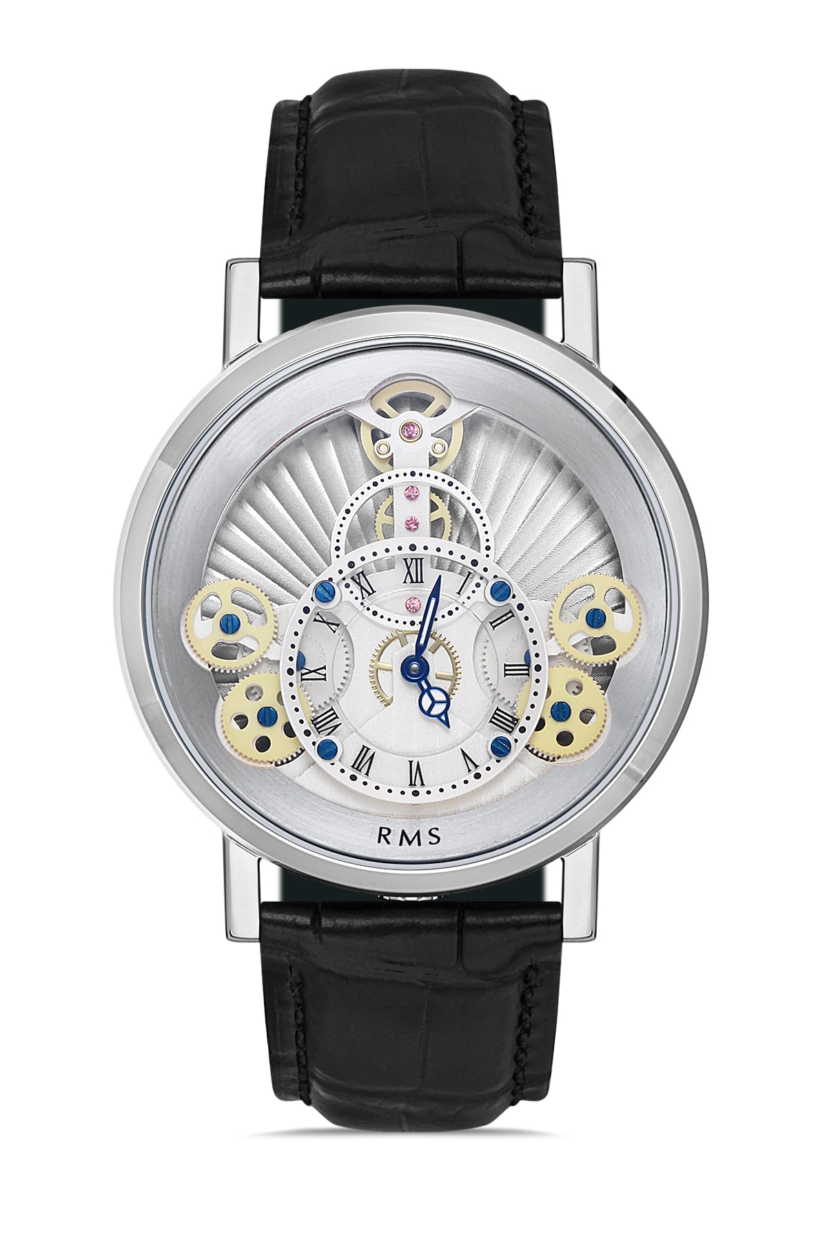 RMS Zeitmeister Silver Dial Silver Plated Men's Watch - Black Genuine Leather Strap - RMS.1.AG1355.09