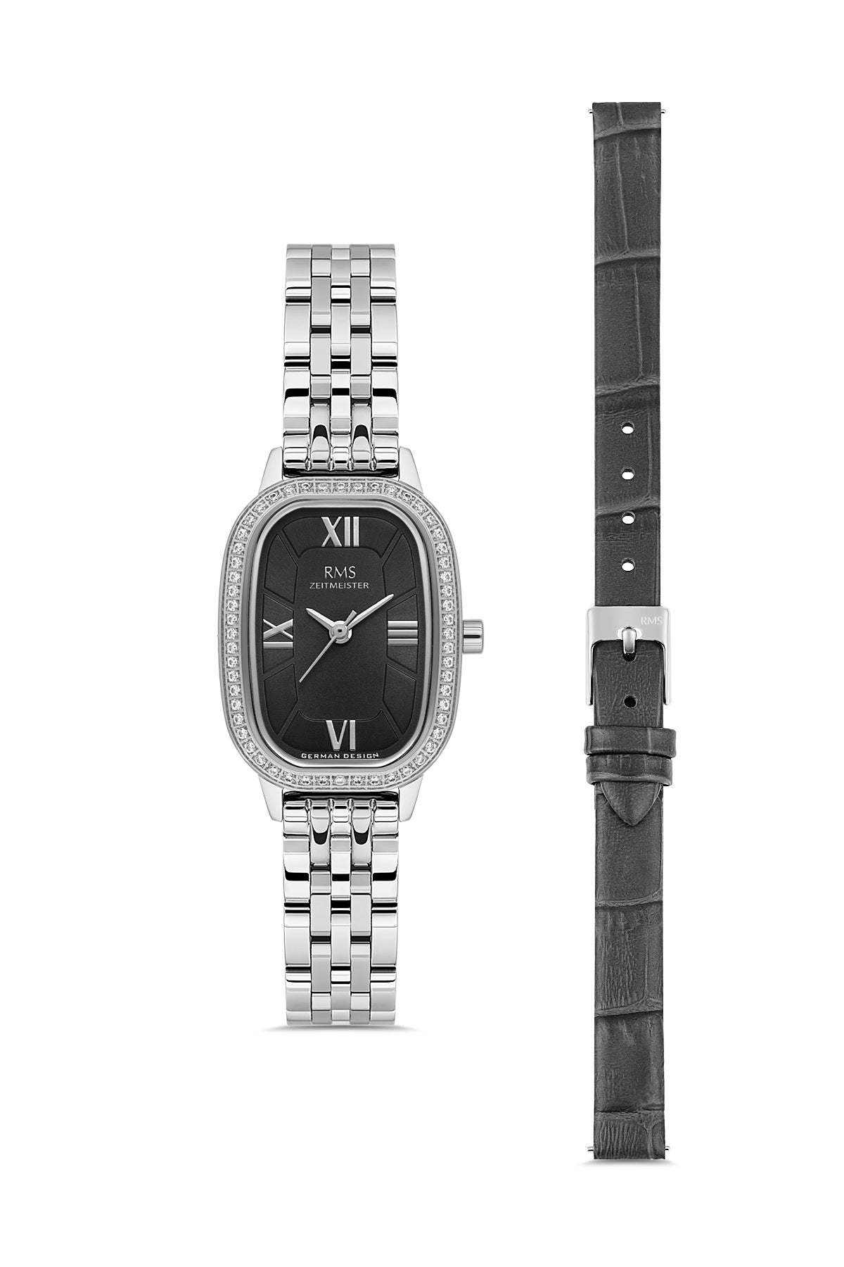 RMS Women's Black Dial Silver Stone Detailed Stainless Steel Watch - RMS.1.AG2158.12