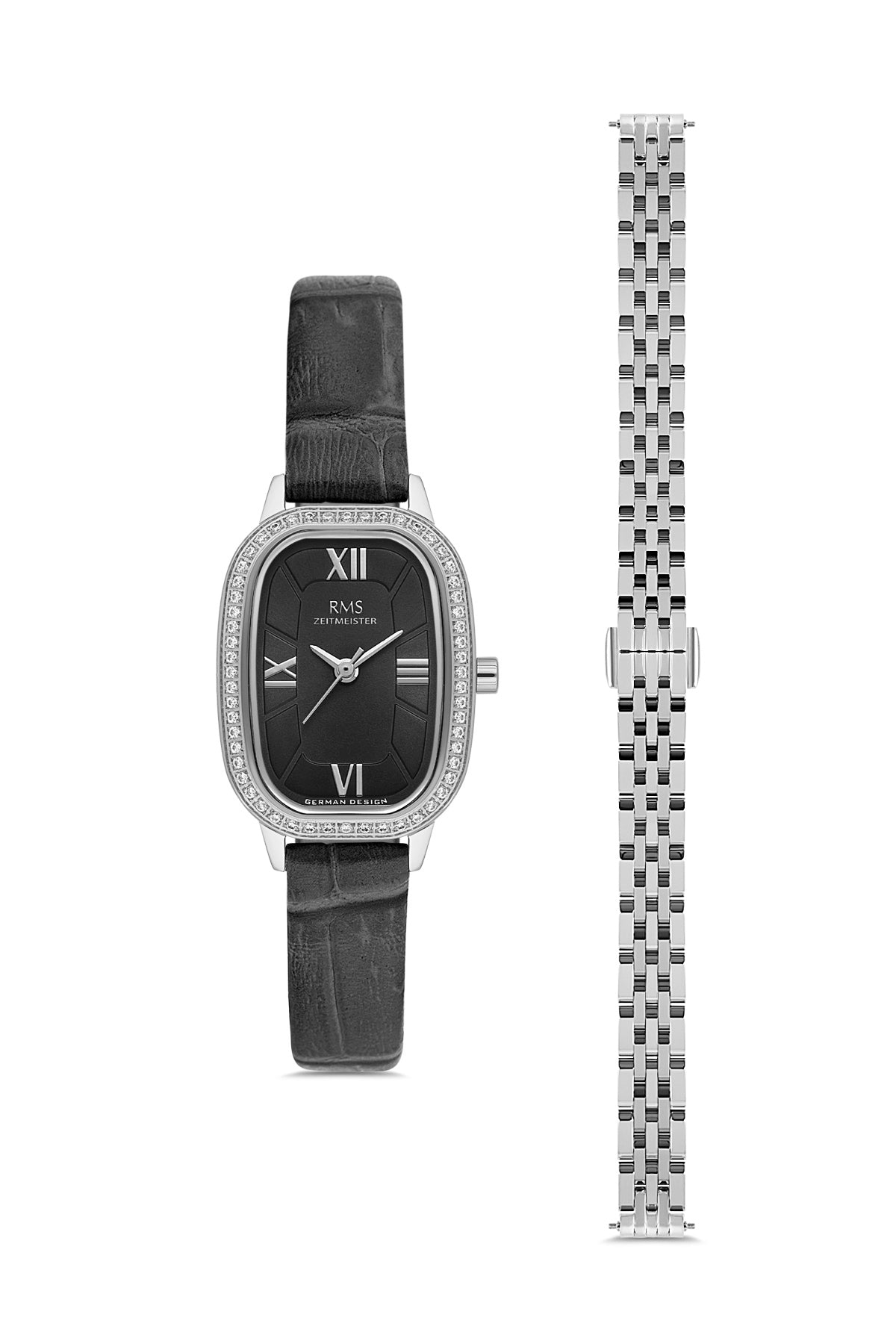 RMS Women's Black Dial Silver Stone Detailed Stainless Steel Watch - RMS.1.AG2158.12
