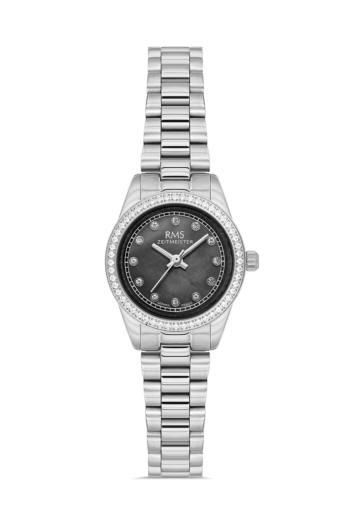 RMS Zeitmeister RMS.1.AG2163.12 women's watch with black dial, silver case and stainless steel bracelet