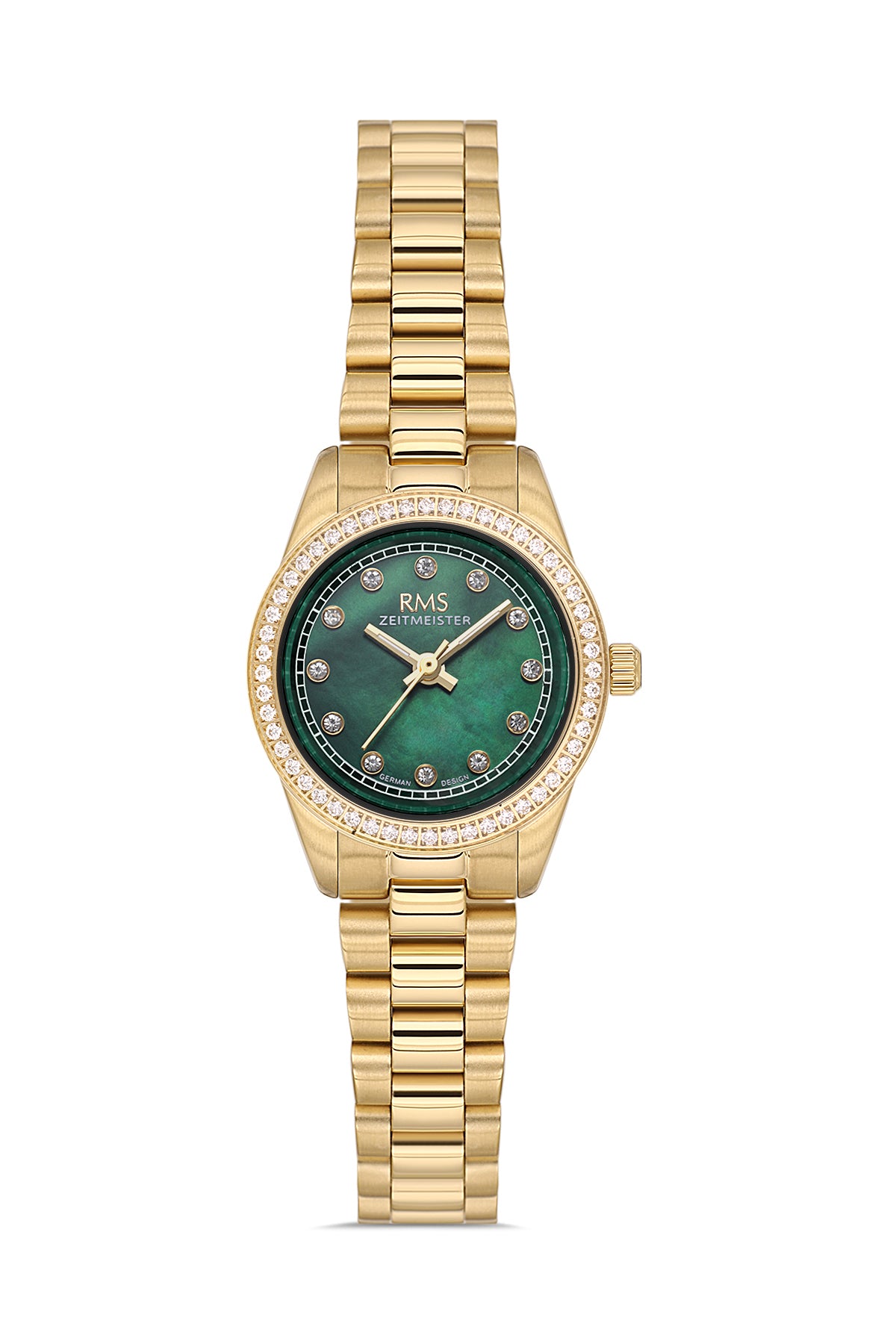 RMS Zeitmeister RMS.1.AG2163.29 women's watch with green dial, gold case and stainless steel bracelet