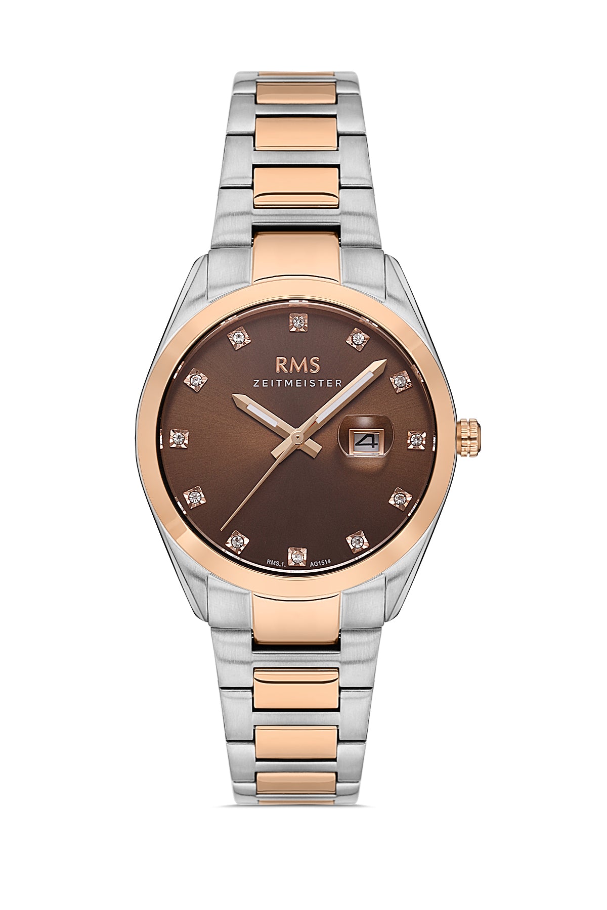 RMS Zeitmeister Kahverengi Kadran Çift Ton Rose Kaplama Kadın Kol Saati - Paslanmaz Çelik Kordon - RMS.1.AG1514.08