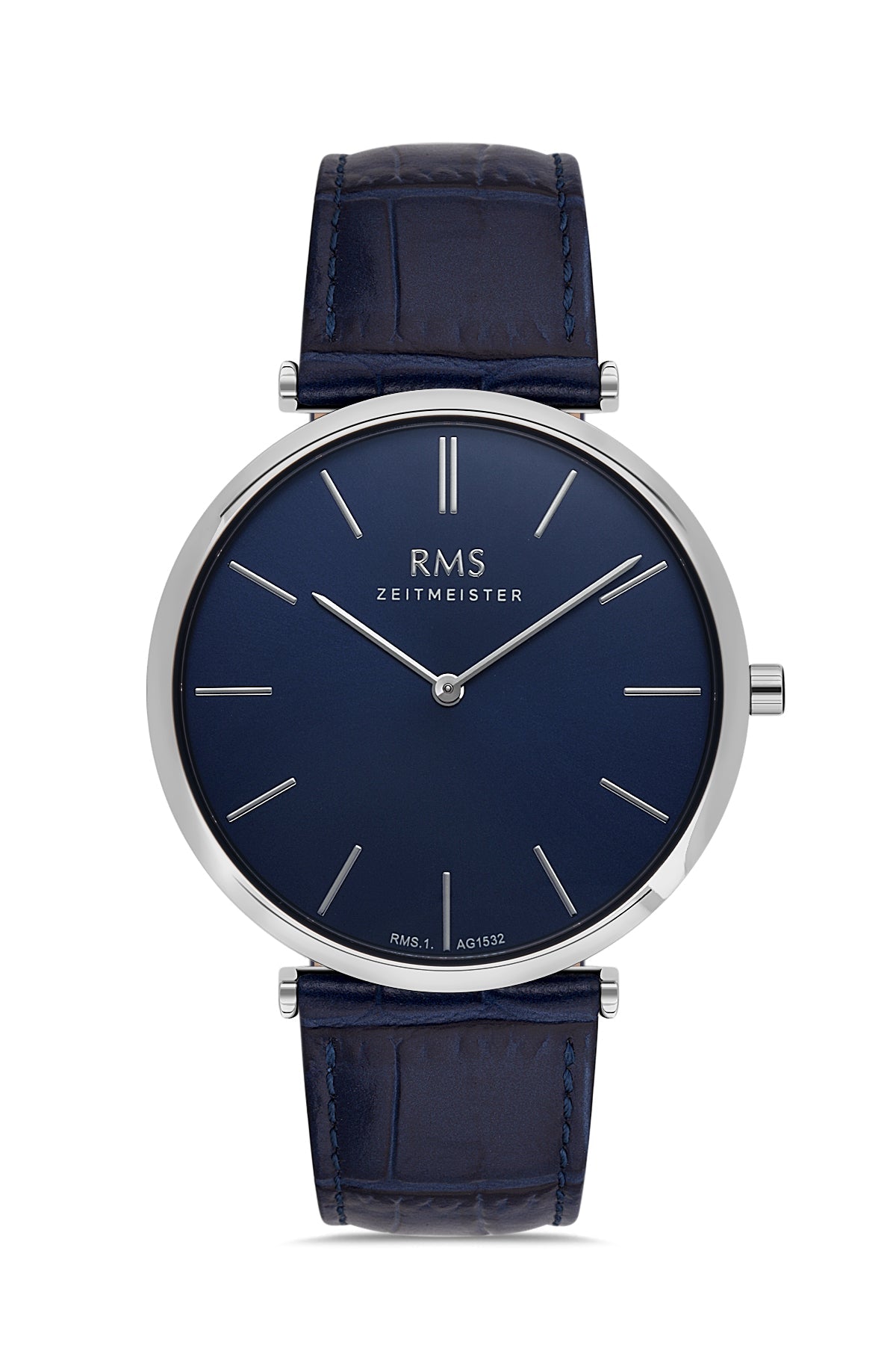 RMS ZEITMEISTER Herrenuhr mit weißem Zifferblatt und marineblauem Lederarmband - RMS.1.AG1532.03