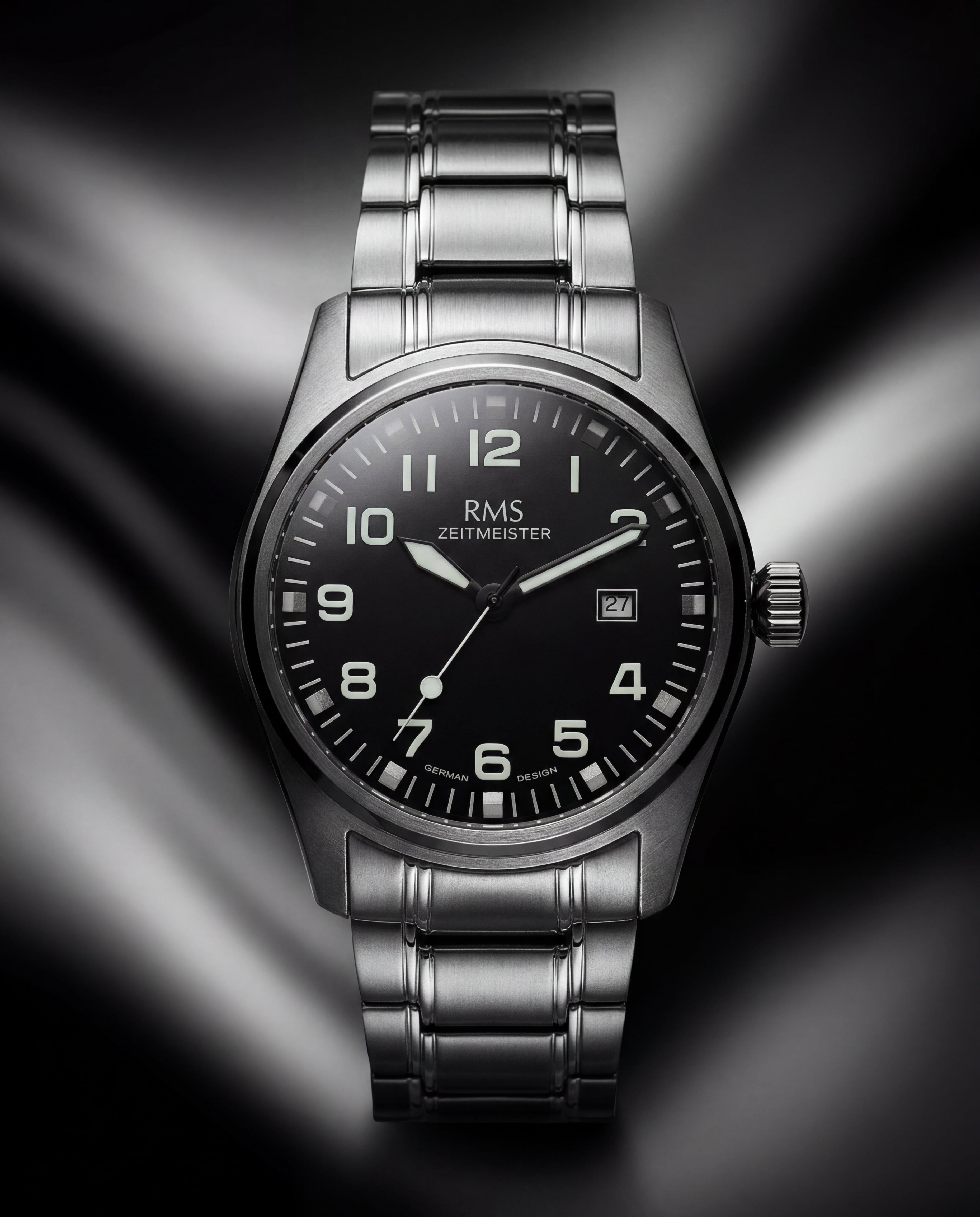 RMS Zeitmeister black dial watch with stainless steel bracelet