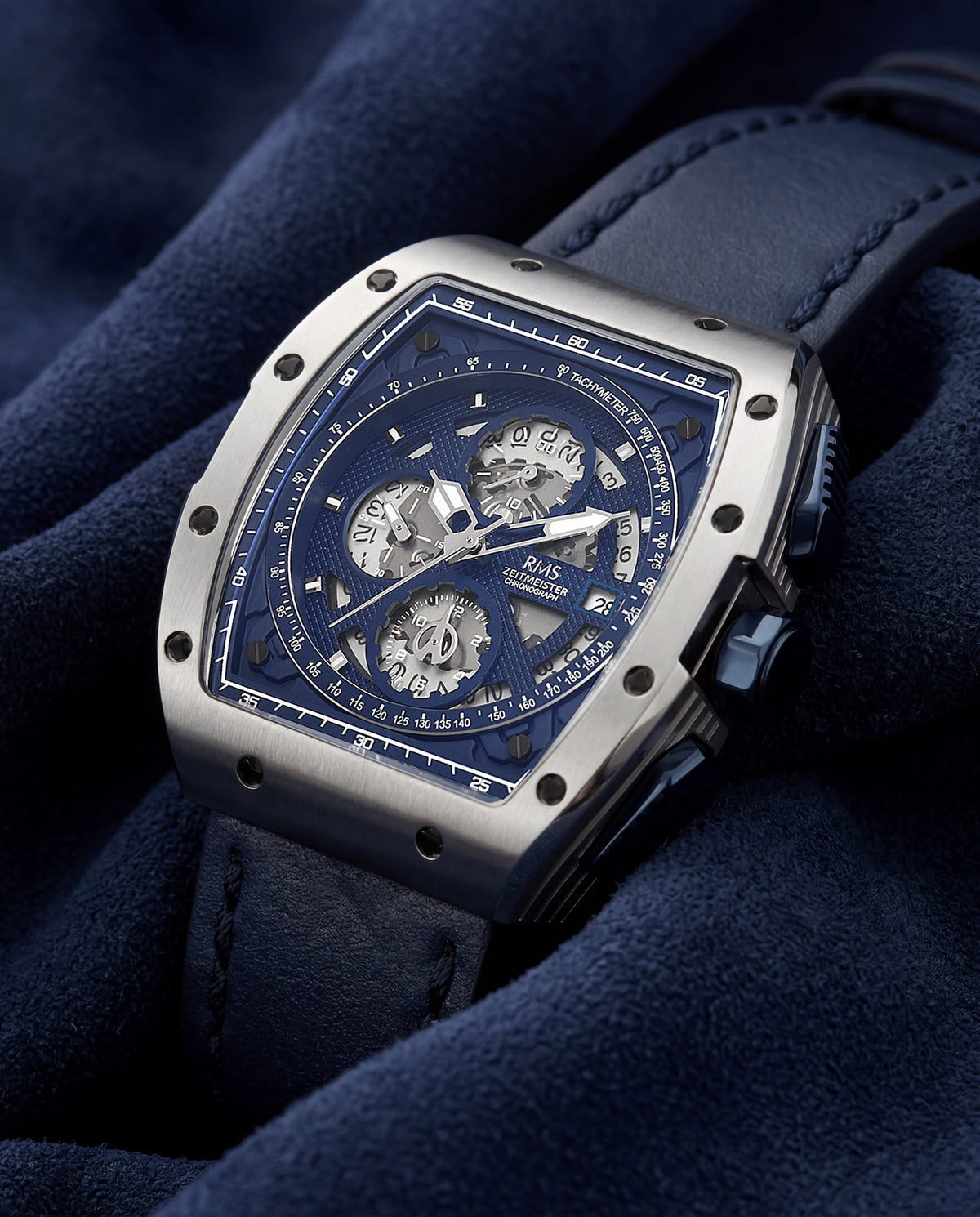 RMS Zeitmeister blue dial chronograph watch — watch case size guide