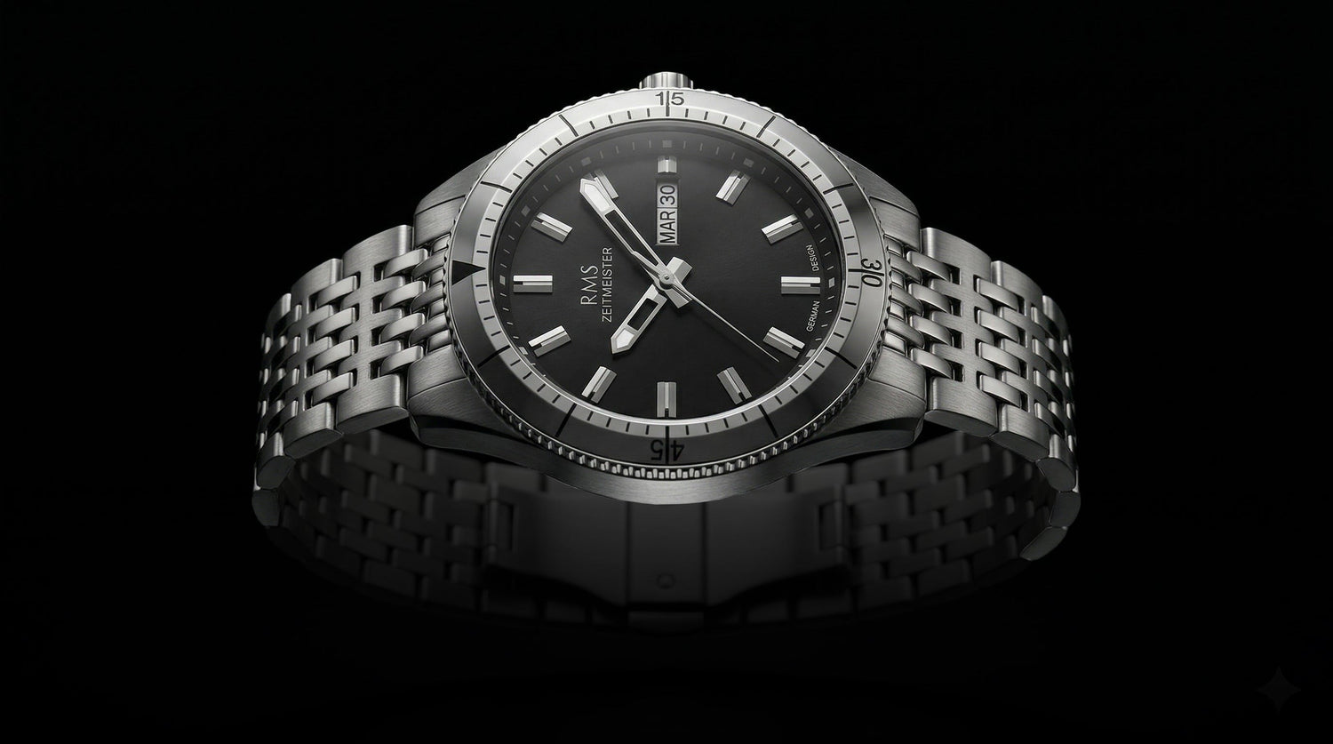 RMS Zeitmeister black dial watch reflecting German watchmaking design and engineering